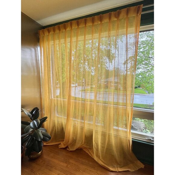 Vintage 70s pleated curtain, orange/yellow open weave mesh, oversized panel - Picture 1 of 10